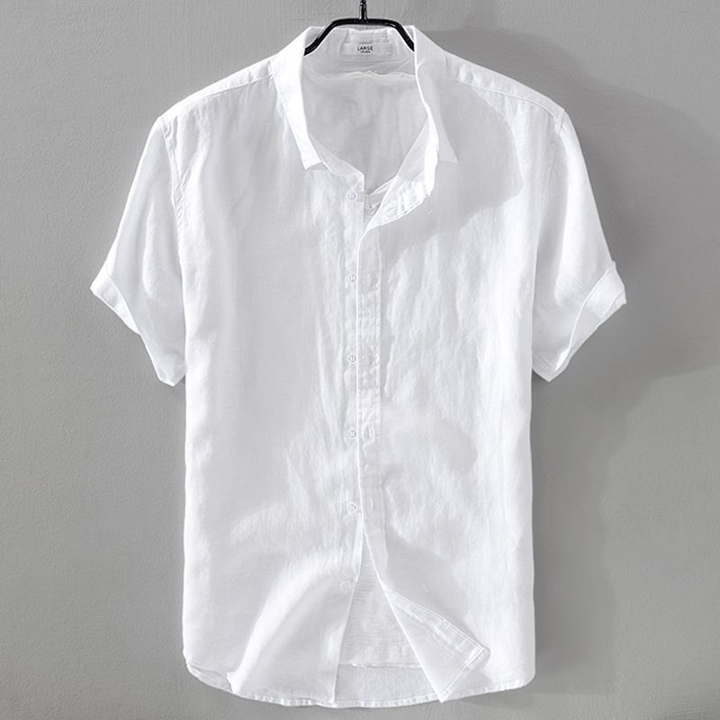 Camicia da uomo in puro lino traspirante, a maniche corte, ampia, estiva, con risvolto sottile, in cotone e lino bianco_voghion.com