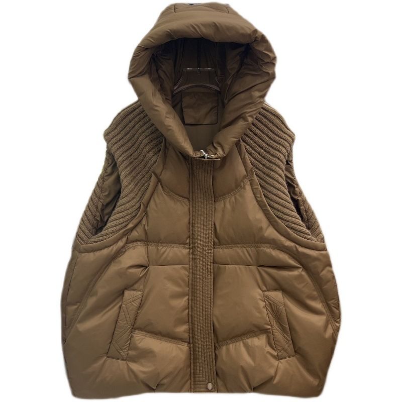 ​​"Women's Hooded Down Vest, Quilted Sleeveless Puffer Jacket With Knit Trim, Thickened Winter Waistcoat (Black/White//Chestnut/Brown)"​​_voghion.com
