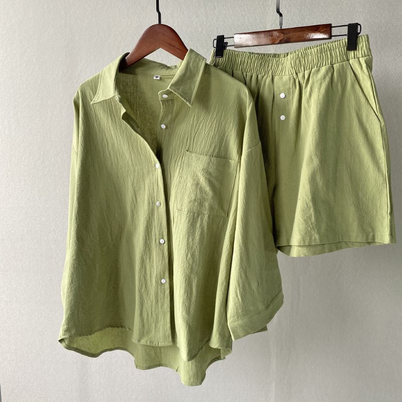 Set da donna in 2 pezzi, stile retrò, di grandi dimensioni, in cotone e lino, con camicia a vita alta e pantaloncini larghi_voghion.com