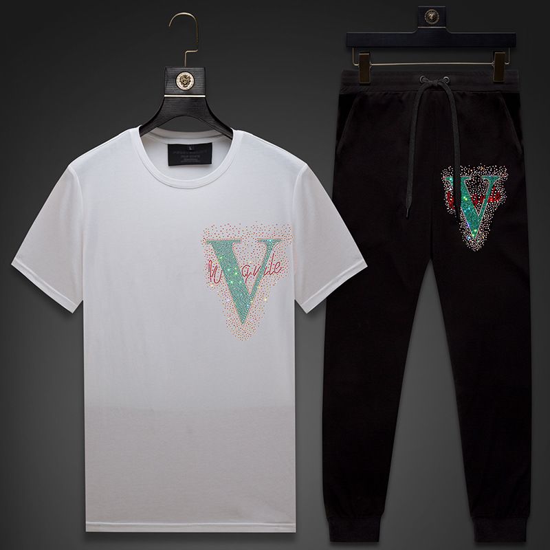 Männerkleeder Merceriséiert Kotteng Hot Diamond E komplette Set Kuerzärm T-Shirten Grouss Gréisst Fir De Summer_voghion.com