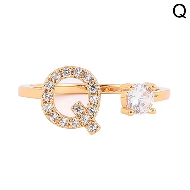 Justerbare krystallinnlagte initialer for kvinner med gullfargede bokstaver A-Å 26 alfabetringer med personlige smykker, gave_voghion.com