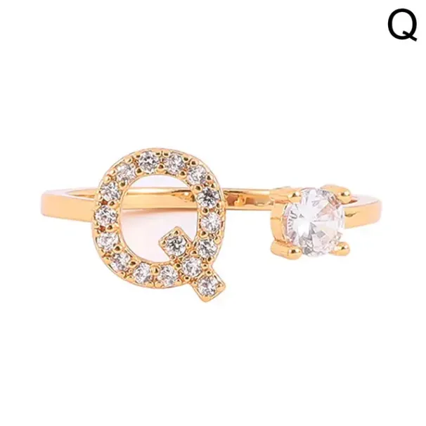 Justerbare krystallinnlagte initialer for kvinner med gullfargede bokstaver A-Å 26 alfabetringer med personlige smykker, gave_voghion.com