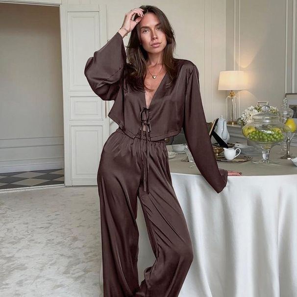 2025 Autumn Silk Cardigan Tie Sleepwear Two-Piece Set Loose Sleeve Long Pants Women's Loungewear_voghion.com