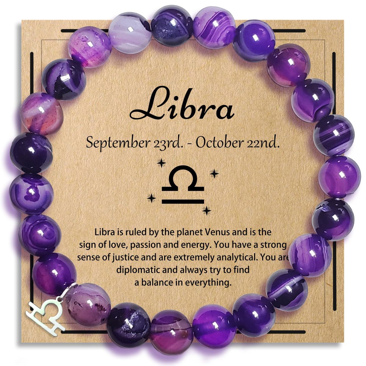 Bracciale con ciondolo zodiacale in acciaio inossidabile con perline di agata viola da 8 mm e cordino elastico - Bracciale astrologico regolabile fatto a mano per uomo e donna_voghion.com