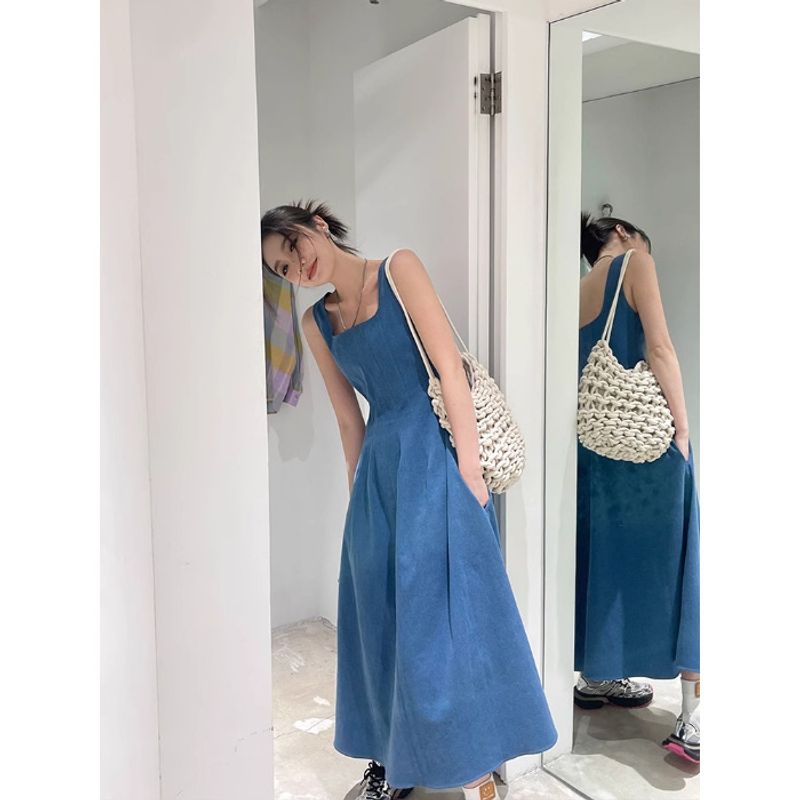 Blue Mist Love French Cowboy Dress For Women's Summer, With A Niche Design Sense, Waist Cinching Temperament, Suspender_voghion.com