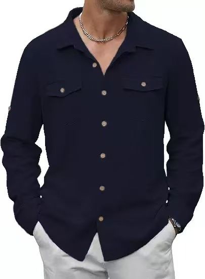 ​Men's Casual Long Sleeve Shirt With Button-Down Collar & Dual Pockets – Lightweight, Wrinkle-Resistant, Breathable Polyester Blend For Everyday Wear​_voghion.com