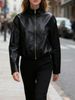 Women's Pu Leather Jacket - Stylish Oversized Biker Coat With Stand Collar, Zipper Front, Long Sleeves (Black, S/M/L/Xl)_voghion.com