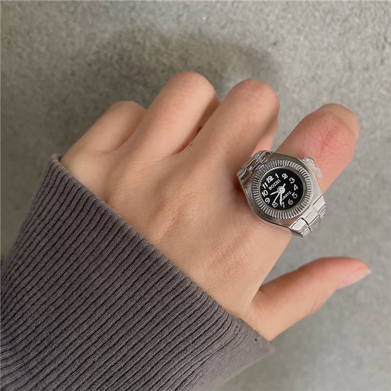 ​Punk Style Adjustable Finger Ring Watch With Mini Digital Display – Gothic Crown Design, Vintage Mixed Material, Unisex Couple Fashion Accessory​_voghion.com