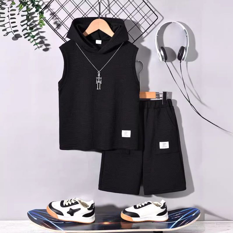 Kids Clothing Boys 2024 m. naujas dviejų dalių kostiumas su gobtuvu, europietiškas ir amerikietiškas gatvių berankovių viršūnių patogus šortų kostiumas_voghion.com