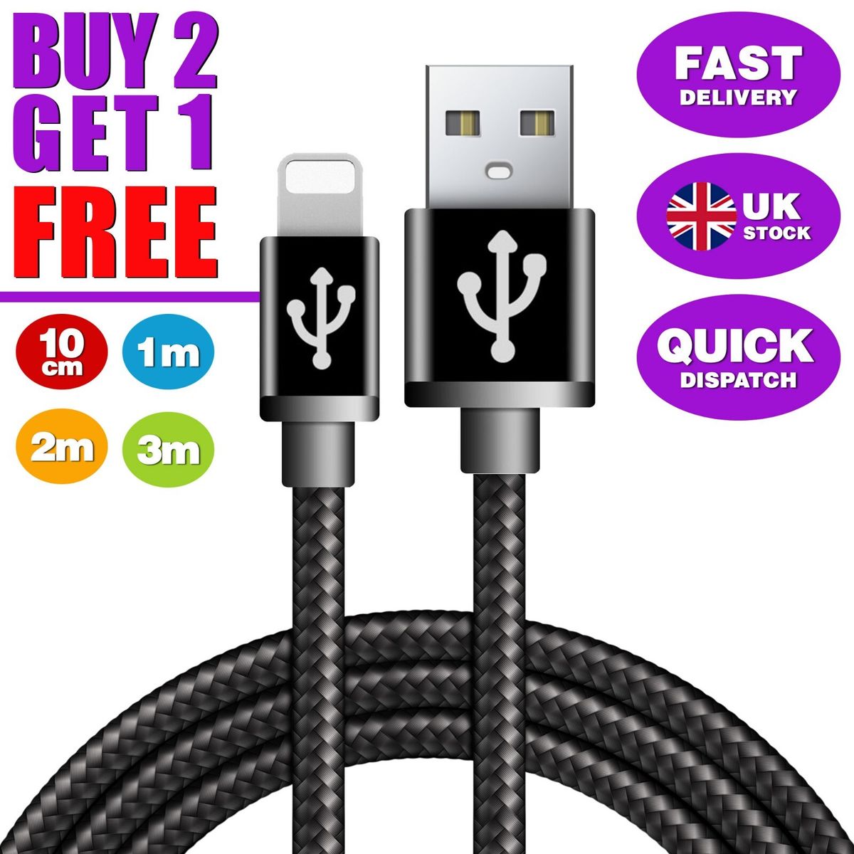 Câble de charge rapide USB tressé robuste et long pour iPhone 14, 12, XS, X, 6, 7, 8+_voghion.com