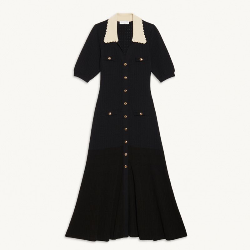Damenbekleidung Herbst Neue weiße Reversspitze Kurzarm Slim Goldknopf Langes Strickkleid Weibliches Temperament_voghion.com