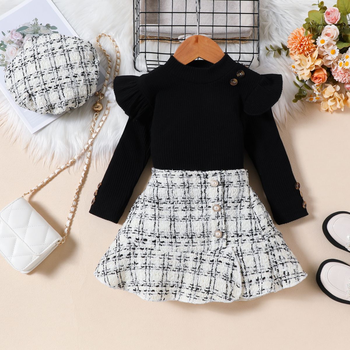 Mother & Kids Children's Clothing For Girls Long Sleeved Tops Woven Tweed Skirt Beret 3 Piece Set_voghion.com