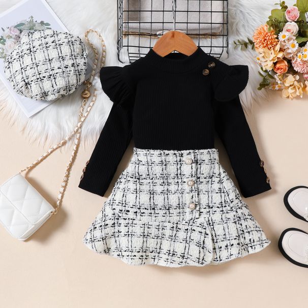 Mother & Kids Children's Clothing For Girls Long Sleeved Tops Woven Tweed Skirt Beret 3 Piece Set_voghion.com