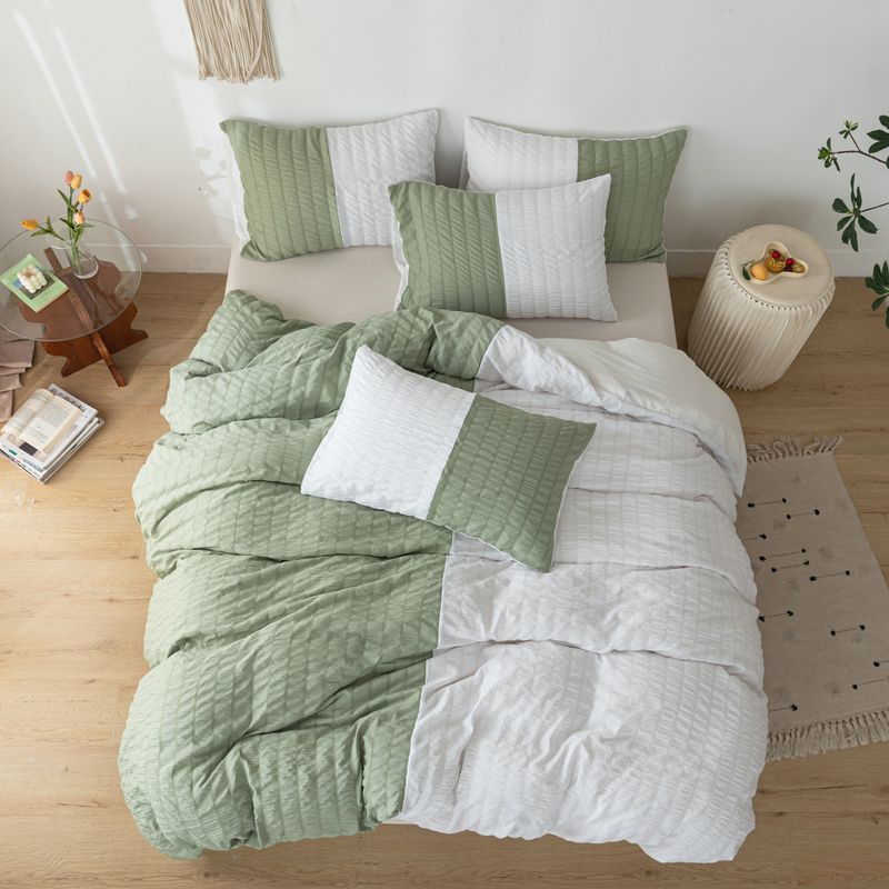 Set di biancheria da letto a tre pezzi, piccolo set trapuntato in seersucker verde e bianco_voghion.com