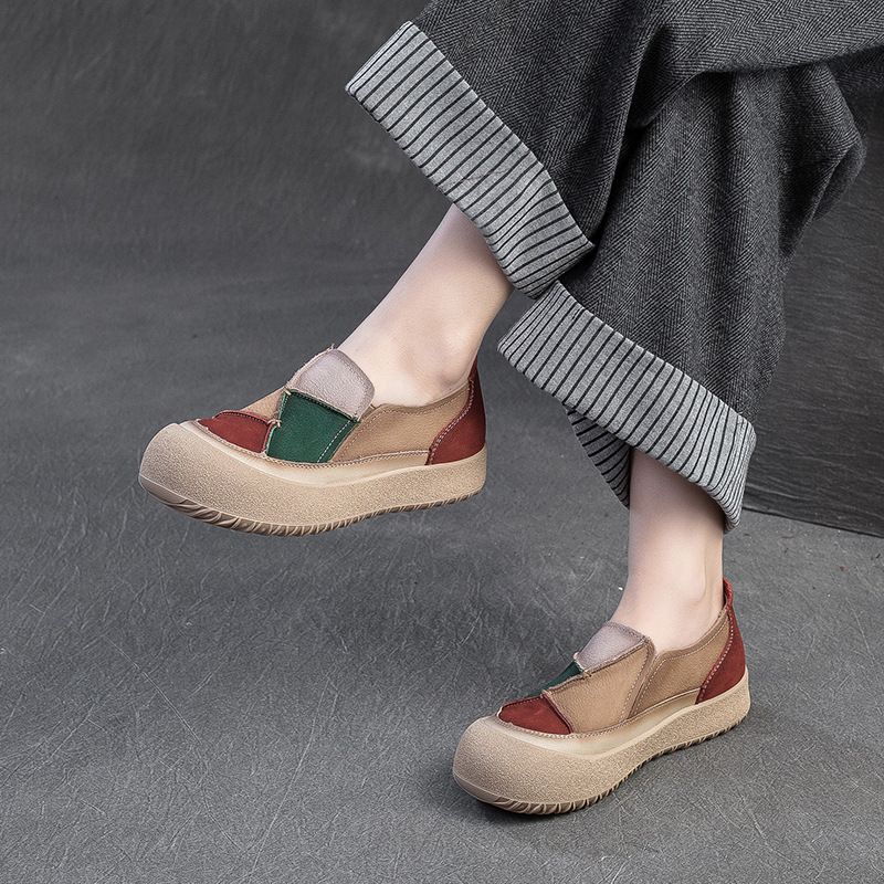 Shanghai Jiesu 2025 Spring New Color Block Patch Toe Layer Cowhide Comfortable Slip-On Casual Women's Shoes_voghion.com