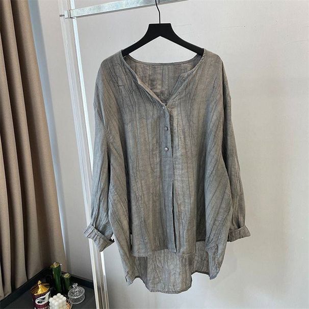 Damenbekleidung Retro-Hemd aus Baumwolle und Leinen, lockeres Design, sommerliches graues Hemd, elastische Taille, kurzer zweiteiliger Anzug_voghion.com