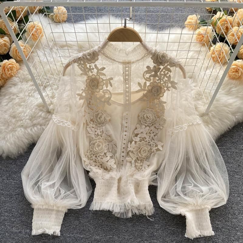 Driedimensionale damesblouse met doorzichtige mesh-bloemcollage en lantaarnmouwen, slanke korte top met kanten basis_voghion.com