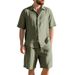 Herrenbekleidung Herren Sommer Leinenanzug Gestreiftes Lockeres Kurzarmhemd Strandshorts Zweiteiliger Anzug_voghion.com