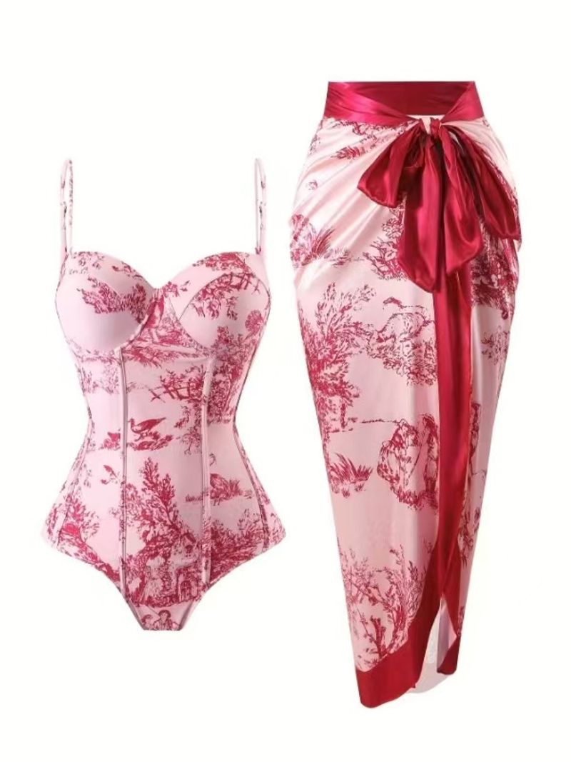 Women's One-Piece Swimsuit Modest Retro Floral Print With Built-In Bra Soft Cup Swimwear Chiffon Long Dress For Swimming & Beach_voghion.com