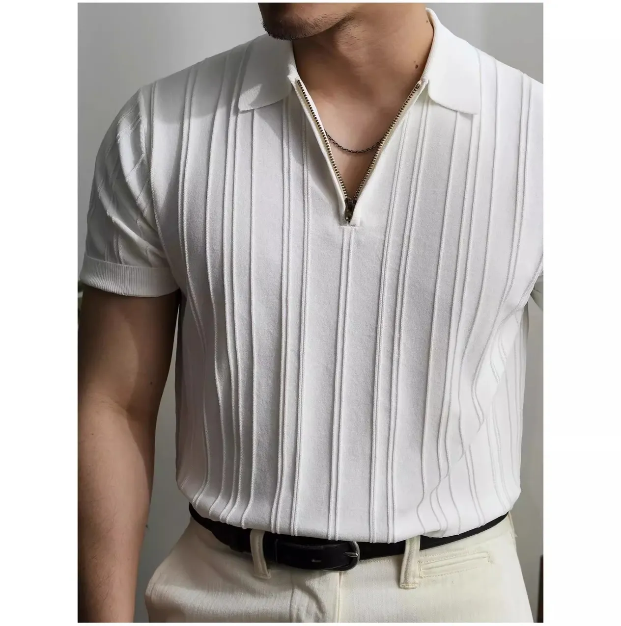 Half Zipper Shirt Men's Short Sleeve Lapel Knitted Tops Handsome Shirt Men's_voghion.com