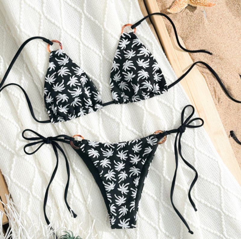 Maillot de bain fendu pour femme, bikini sexy à cordon de serrage, imprimé feuilles d'érable_voghion.com