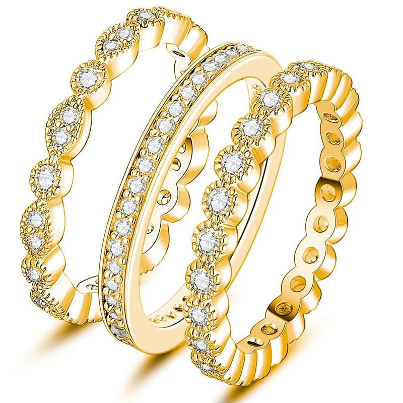 Ensemble de bagues empilables en oxyde de zirconium pour femme - Design géométrique élégant en or et or blanc, ensemble de trois bagues en oxyde de zirconium à une rangée de diamants_voghion.com