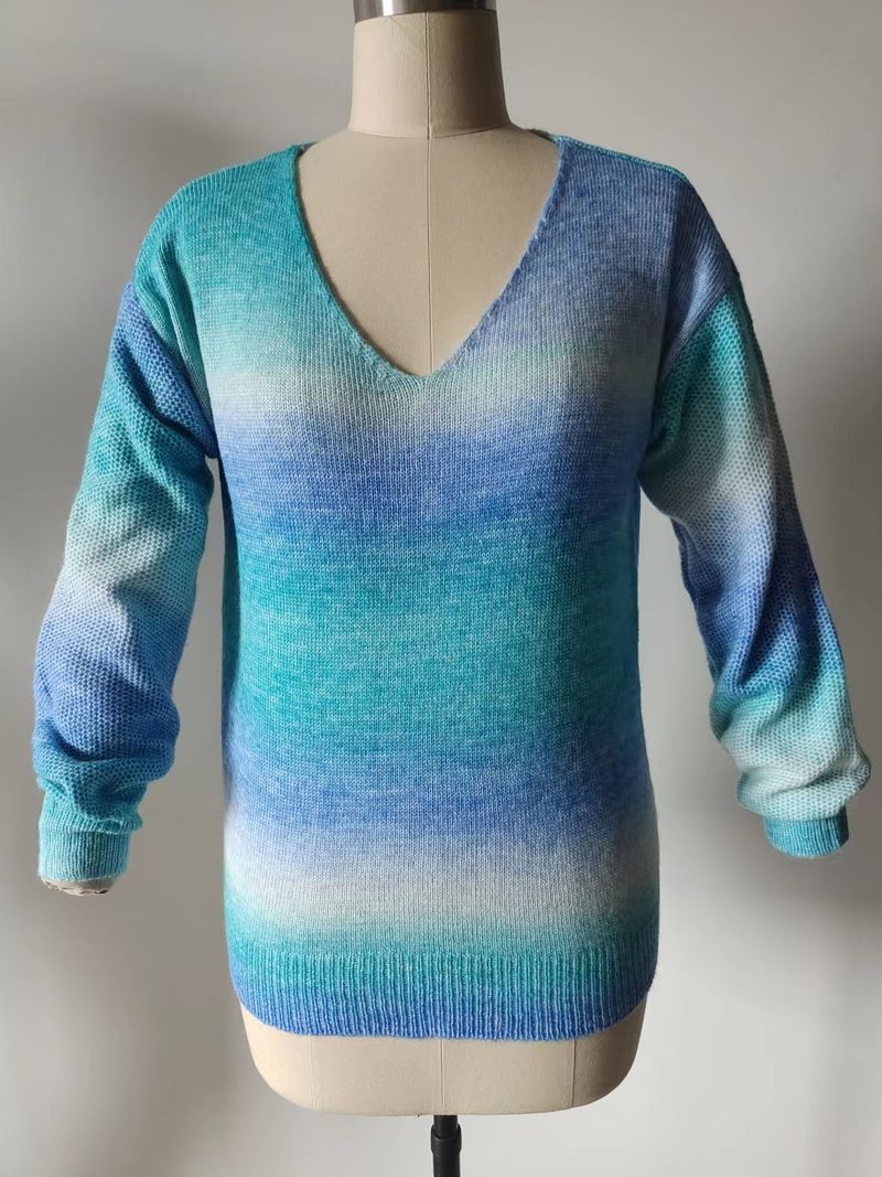 Pull pour femme 2024 nouveau pull en tricot mohair à col en V à dégradé irrégulier arc-en-ciel_voghion.com