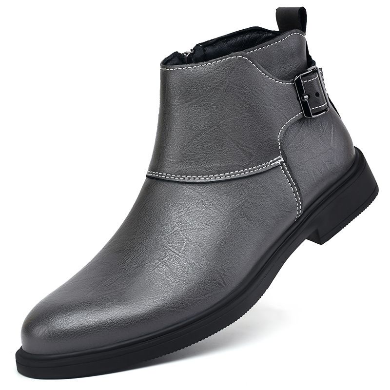 Herren-Kurzstiefel in großen Größen, Retro-Martin-Stiefel, spitz zulaufend, mit Gürtelschnalle und Klettverschluss, Baumwollstiefel, Herrenschuhe_voghion.com