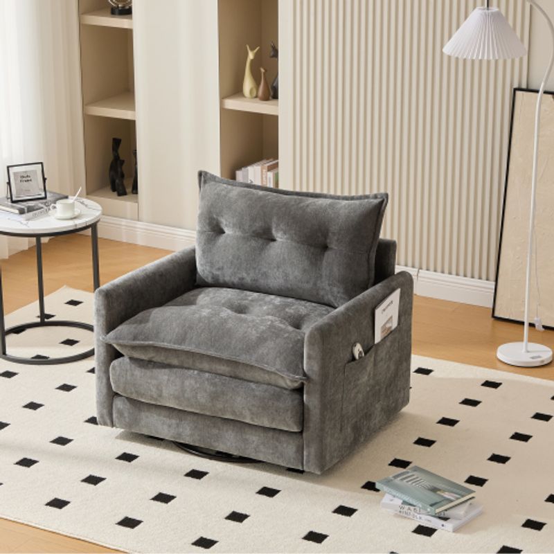 Sillón giratorio de 360°: sillón ergonómico con cojín de espuma viscoelástica y base giratoria de madera para salón, dormitorio u oficina (gris, 92 x 74 x 67 cm)_voghion.com