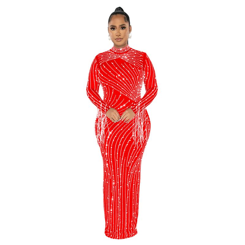 Vêtements pour femmes en maille transparente à manches longues et jupe longue doublée en diamant chaud, ensemble deux pièces_voghion.com