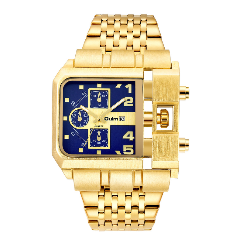 Orologio al quarzo da uomo in acciaio inossidabile color oro con funzione data, quadrante rotondo grande, cristallo minerale e chiusura pieghevole_voghion.com