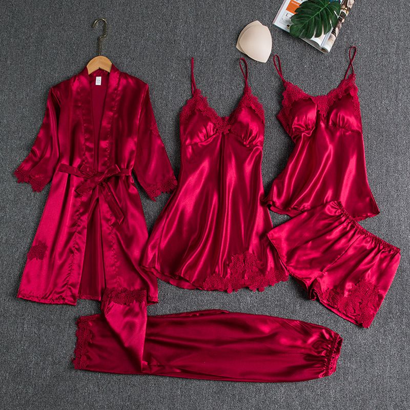 Pyjamas Frauen Sommer Ice Silk Sexy Hot Home Kleidung Frühling und Herbst Langarm Dünn Groß Größe Fünfteiliger Anzug Bademantel_voghion.com
