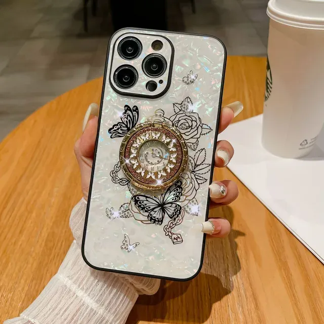 Light Style Florals Diamond Encrusted Stand Phone Case For iPhone 15 Plus 14 13 12 11 Pro Max Anti-Drop Cover_voghion.com