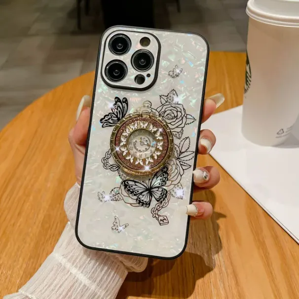 Light Style Florals Diamond Encrusted Stand Phone Case For iPhone 15 Plus 14 13 12 11 Pro Max Anti-Drop Cover_voghion.com
