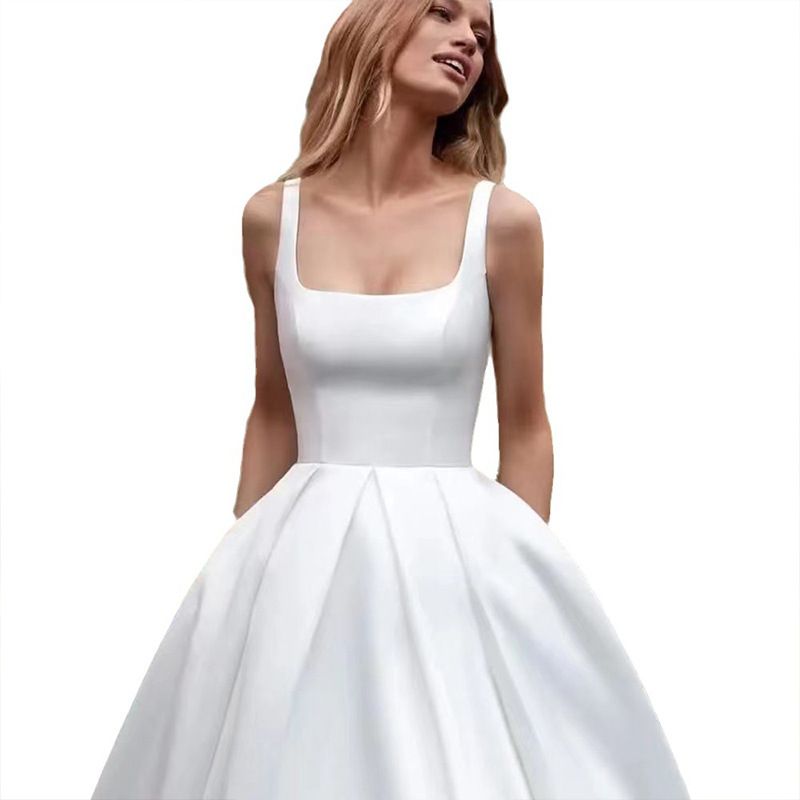 Women's Clothing Light Wedding Dress High End Sense Of Certificate White Dress Satin Simple Outdoor Travel Forest Style Graduation Dress_voghion.com