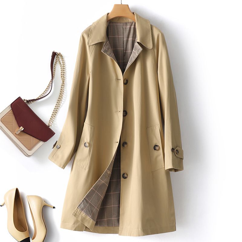 Damen Trenchcoat für den Herbst, neuer langärmeliger Trenchcoat mit kariertem Futter für Damen 9950_voghion.com