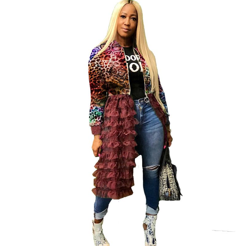 Roupas femininas Camuflagem Estampa Zíper Malha Splicing Jaqueta_voghion.com