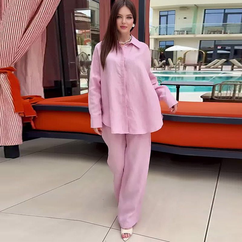 Abbigliamento estivo da donna, camicia in cotone e lino, comoda e comoda, completo estivo con protezione solare, pantaloni a gamba larga e completo a due pezzi_voghion.com