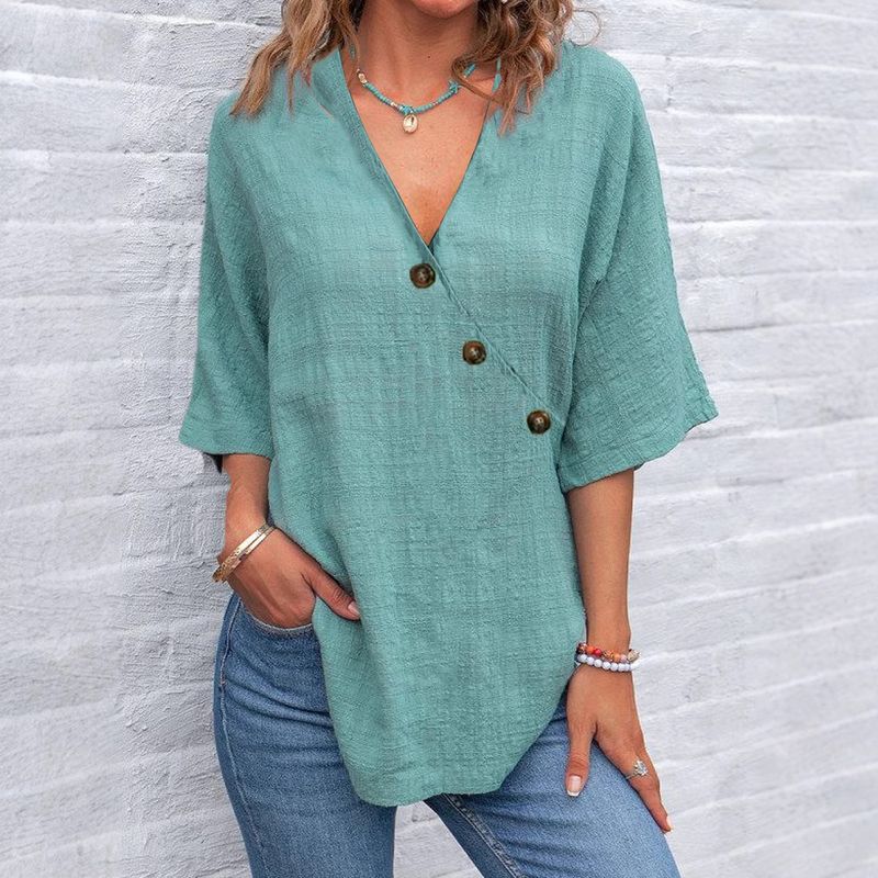 Top con bottoni in cotone e lino tinta unita da donna_voghion.com