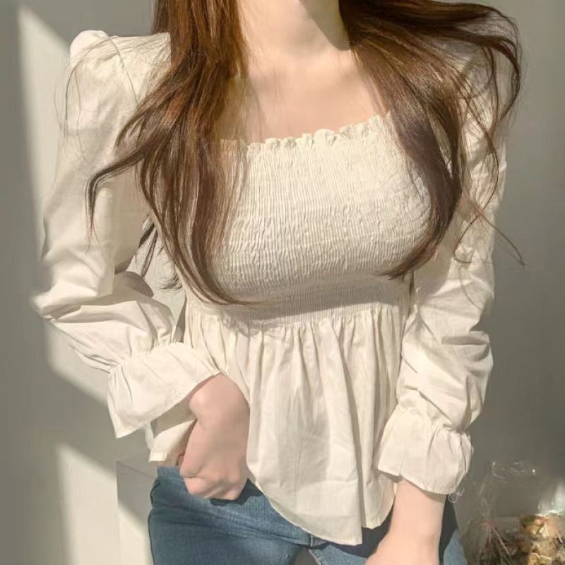 Chemise à manches longues à bordure champignon de style occidental, style coréen chic 2024, col carré doux et look amincissant, taille repliable_voghion.com