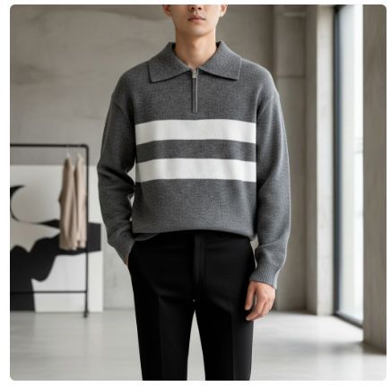 Herrenpullover mit Kontrasteinsatz und Reißverschluss am Kragen – Strickpullover im Hongkong-Streetwear-Stil (M/L/XL/XXL/XXXL) – Übergroßes Kleidungsstück zum Überziehen_voghion.com