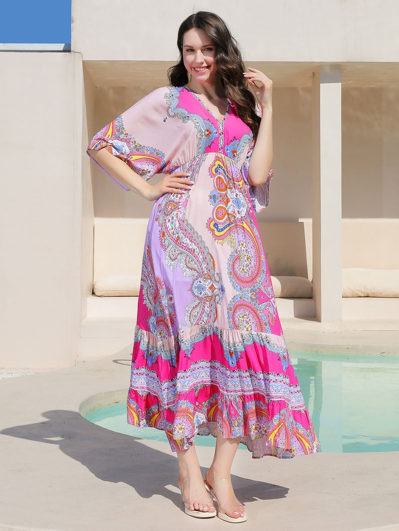 Women's Clothing Positioning Printed Dress Loose A Line Long Skirt Beach Cover Up Holiday Long Skirt_voghion.com