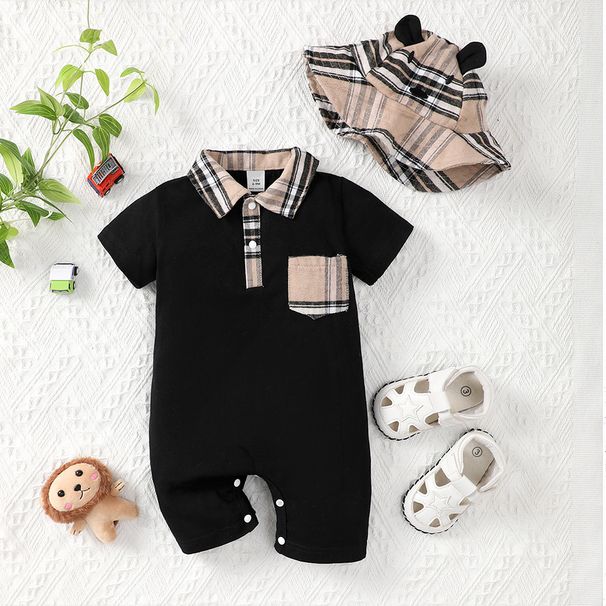 Mother & Kids Infant and toddler jumpsuit 2024 summer style splicing plaid short-sleeved baby boy casual romper (including hat)_voghion.com
