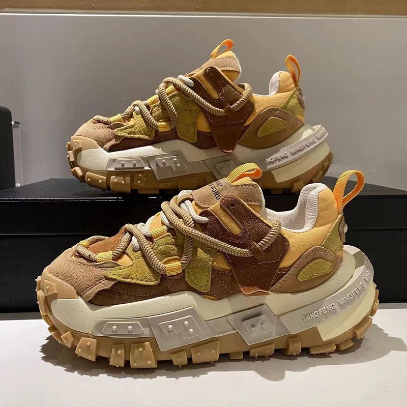 Trendy Super Popular Dad Thick Sole 2025 Spring New Tire Shoes Genuine Leather Non-Slip Color-Block Sneakers_voghion.com