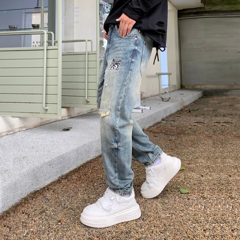 Herrenbekleidung Tapered Jeans Herren Trendy Loose Pants Haremshose mit Löchern und Patch_voghion.com