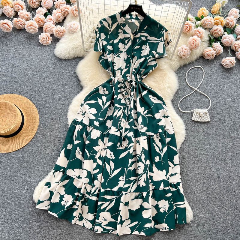 Rochie de damă din șifon floral cu decolteu în V pentru femei, temperament de vară care strânge talia, rochie de zână în stil vacanță pentru slăbire_voghion.com