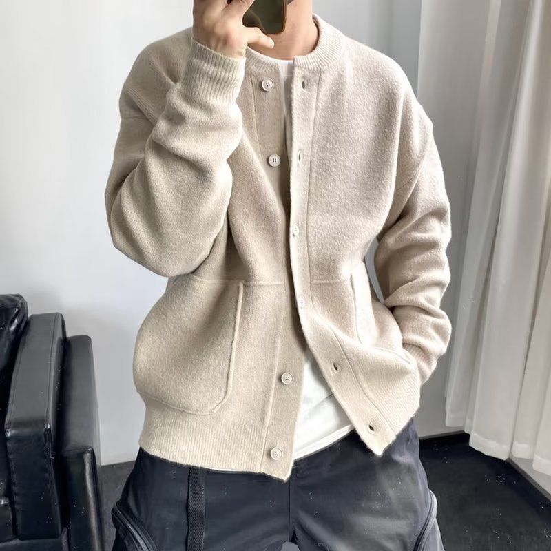 Herrenbekleidung Wollstrickjacke Rundhalsjacke einfacher lockerer dicker Pullovermantel_voghion.com