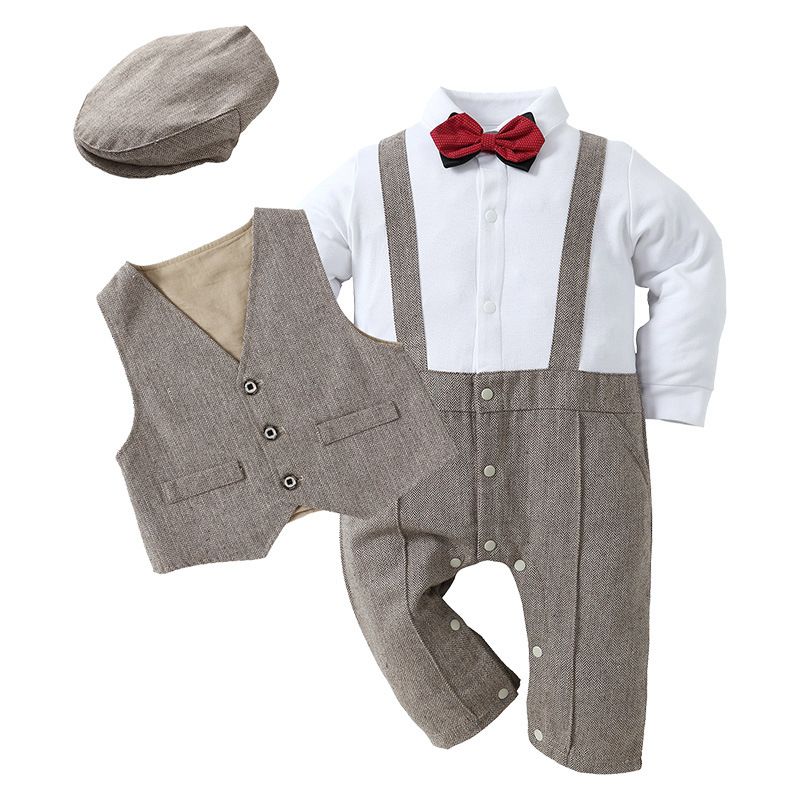 Source Factory Baby Spring And Autumn Long Sleeved Hooded Three Piece Set Romper Crawling Clothes Boy Gentleman Baby One Piece Shelter Clothes_voghion.com