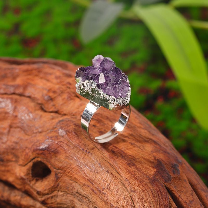 Natural Amethyst Cluster Electroplated Gold Edge Open Ring Fashionable Temperament Irregular Crystal Raw Stone Ring_voghion.com