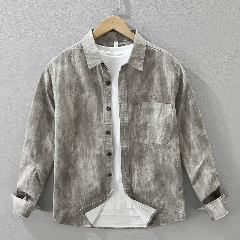 Camicia a maniche lunghe alla moda con effetto tie-dye per uomo, alla moda e versatile, top ampio e casual._voghion.com